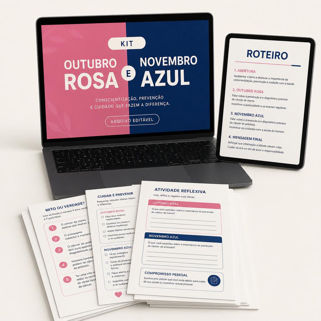 Mockup do Kit Outubro Rosa e Novembro Azul em notebook, tablet e fichas impressas editáveis.